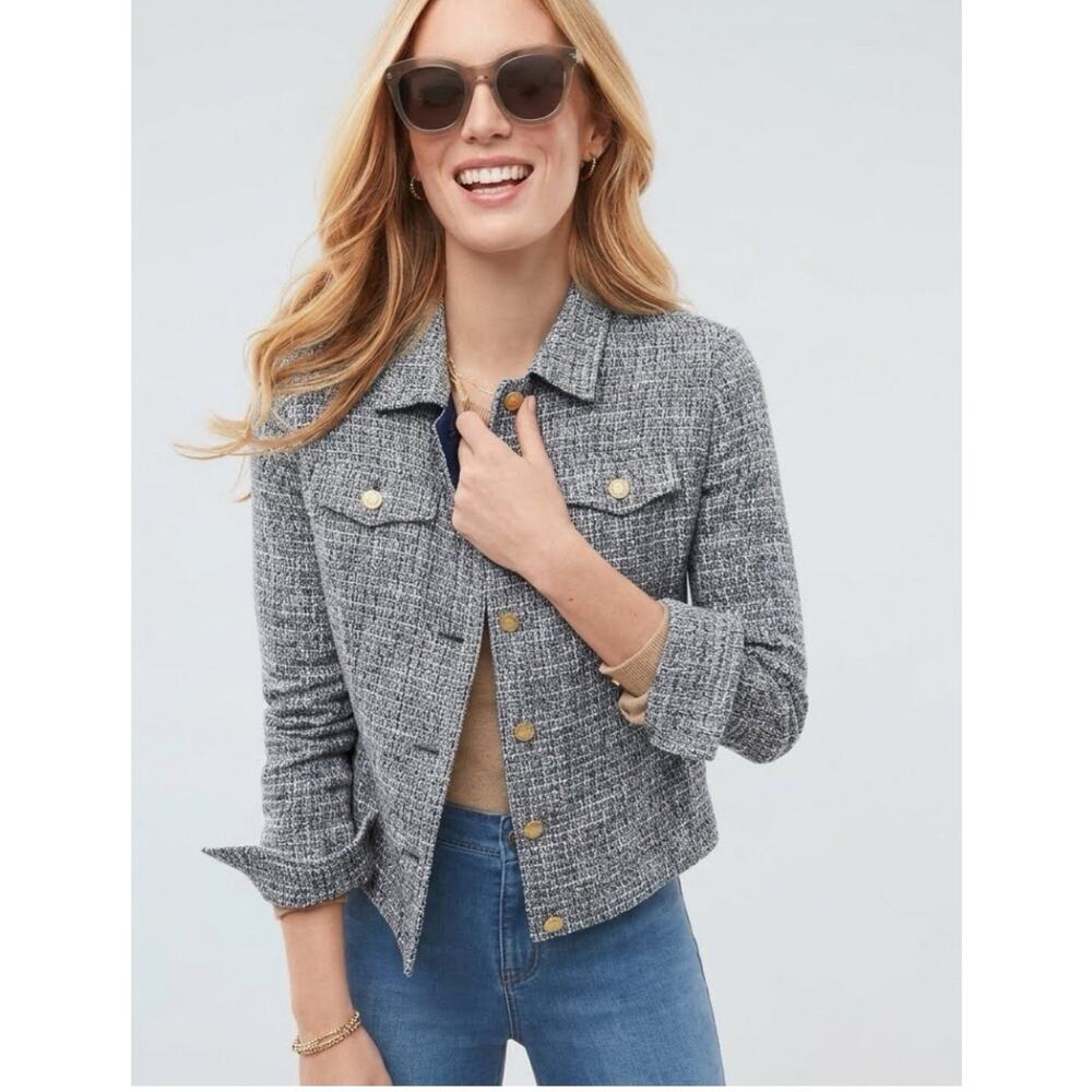 J. McLaughlin Colby Jacket Blue Linen Blend Tweed Blazer Size Medium Preppy Chic